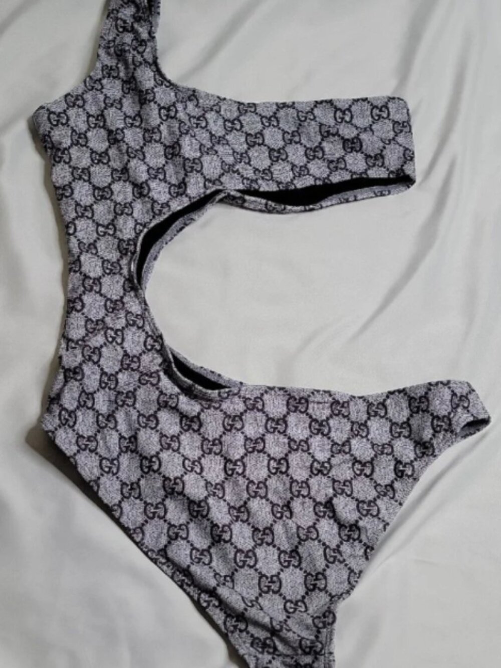 GUCCI Grey GG Monogram Asymmetric Cutout One Piece Swimsuit - Picture 2 of 4